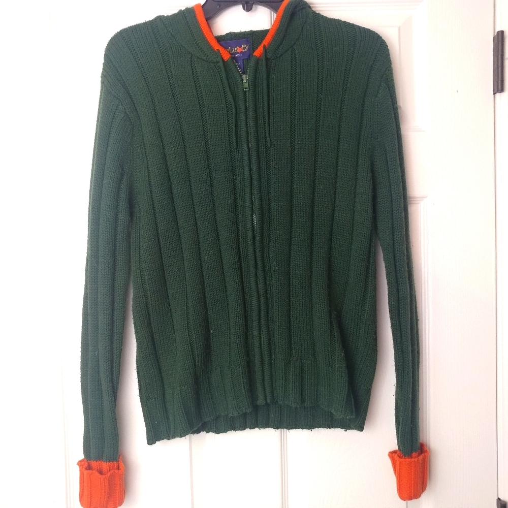 4/$15 🌻 Kids Size L Green & Orange Knit Zip Up Hoodie